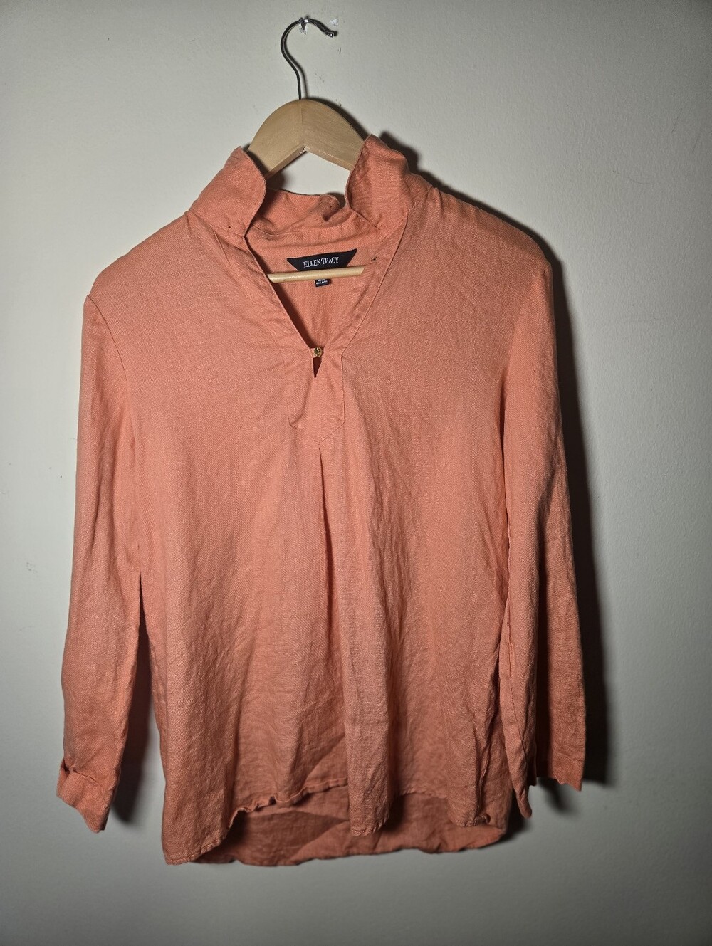Ellen Tracy Linen Tunic Women Medium Coral Orange Excellent Roll Tab Blouse